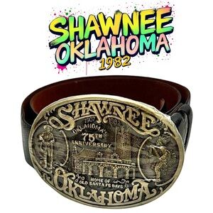 Vintage 1982 Shawnee Oklahoma Solid Brass Commemorative Belt Buckle Size 30 NEW
